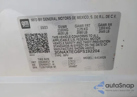 2023 Chevrolet Equinox Awd 2Fl из США, поврежденный, VIN 3GNAXTEG6PS192204